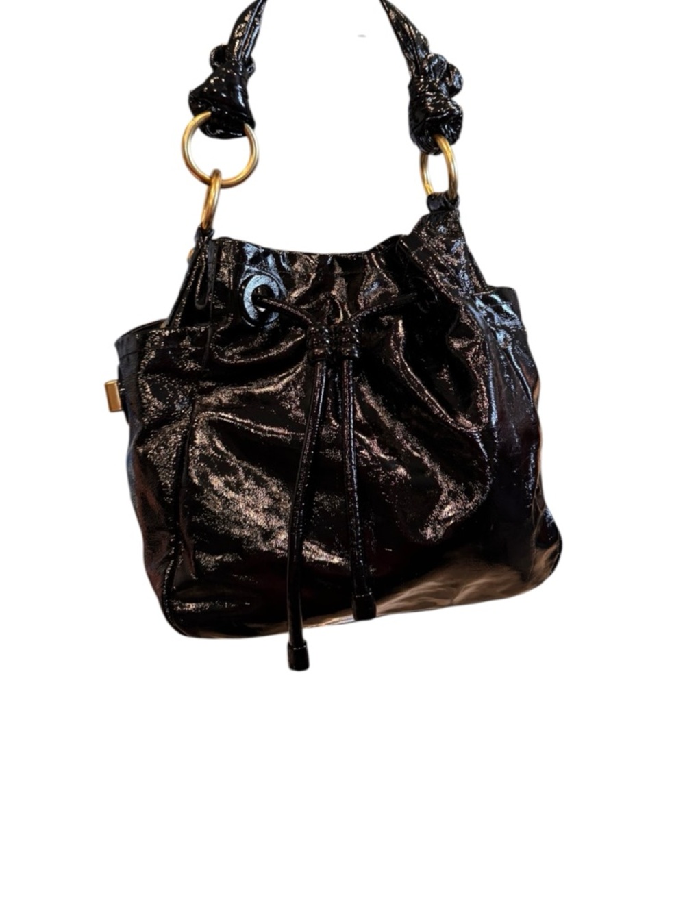 Coach Resort black patent leather drawstring hobo shoulder handbag
